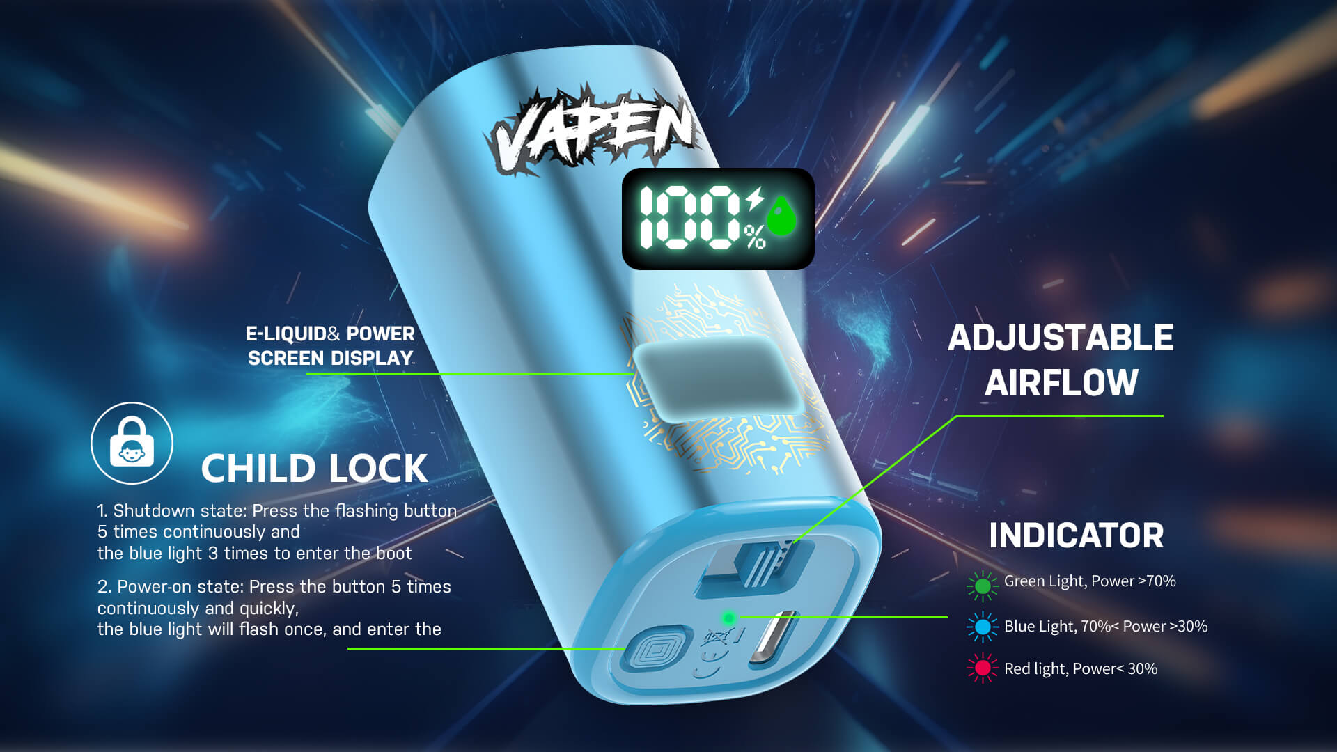 VAPEN RTA POD Replaceable Refilling Disposable Vape 1200Puffs 24ml Capacity Oil Coil Separation No Leaking Absorption 12K Puff Child Lock LED Power Indication