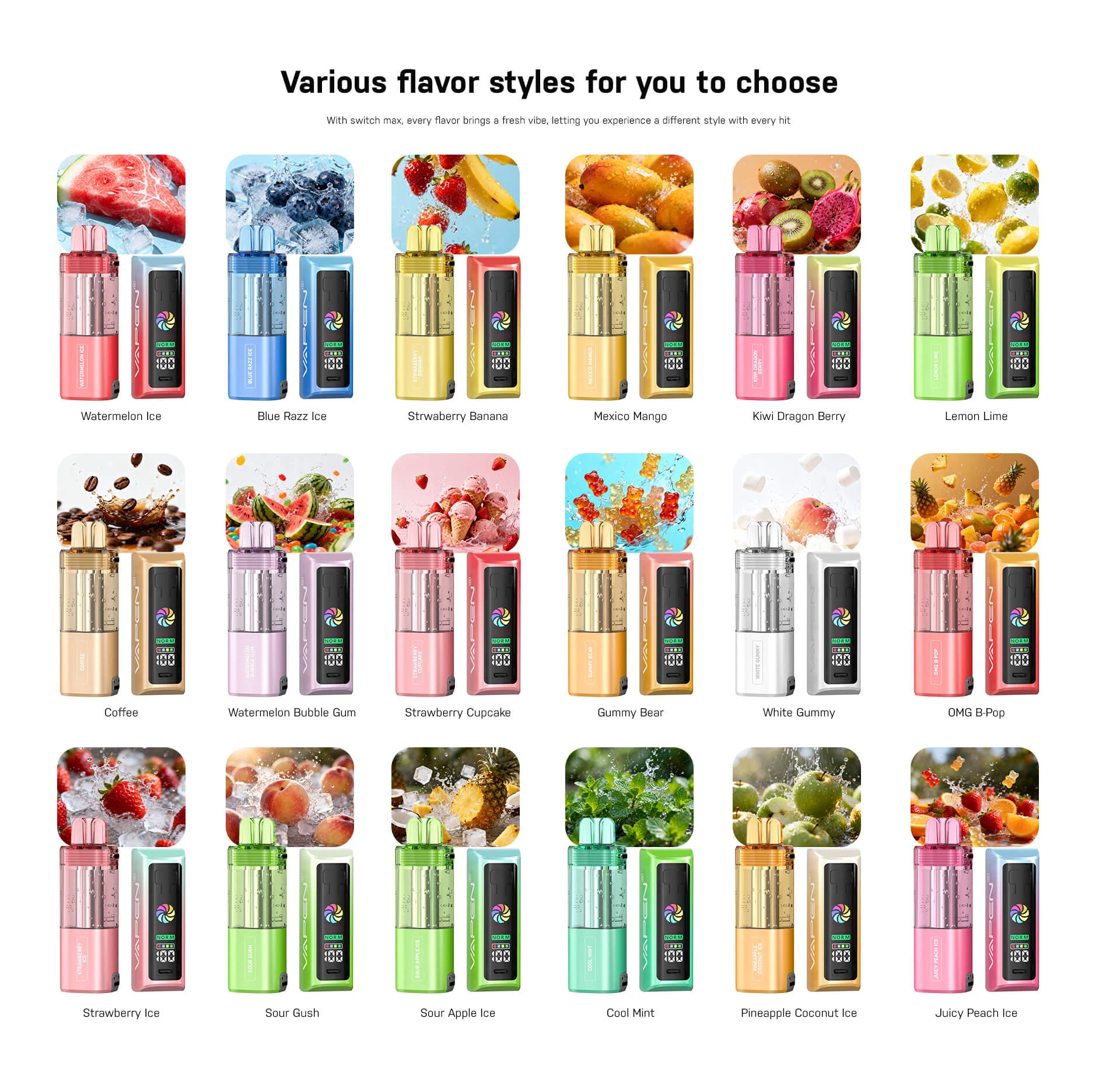 VAPEN SWITCH MAX 60K disposable vape available in 18 bold flavors and stylish color options
