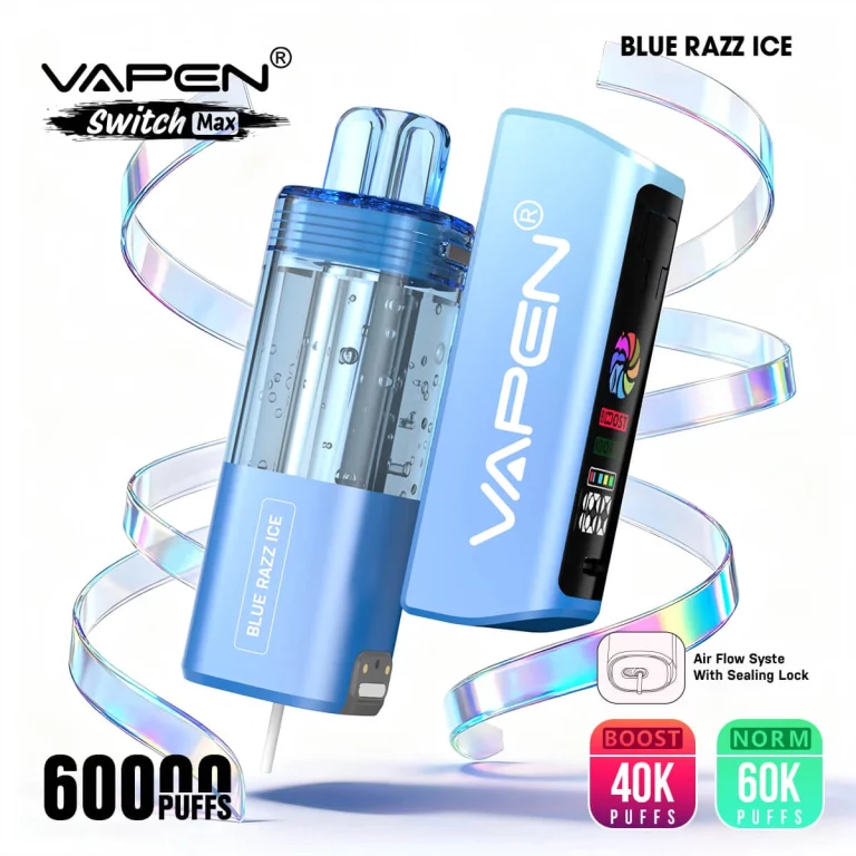 vapen-switch-max-60k-disposable-vape-60000-puffs-mesh-coil-bottom-airflow-leakproof-magnetic-pod-norm-boost-mode-typec-charging-premium-design-blue-razz-ice