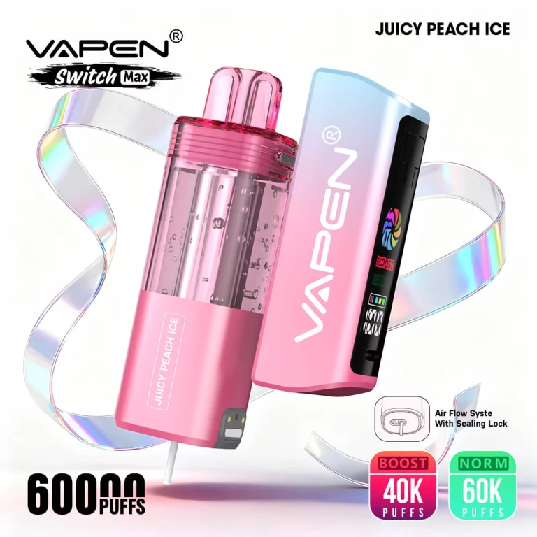 vapen-switch-max-60k-disposable-vape-60000-puffs-mesh-coil-bottom-airflow-leakproof-magnetic-pod-norm-boost-mode-typec-charging-premium-design-juicy-peach-ice