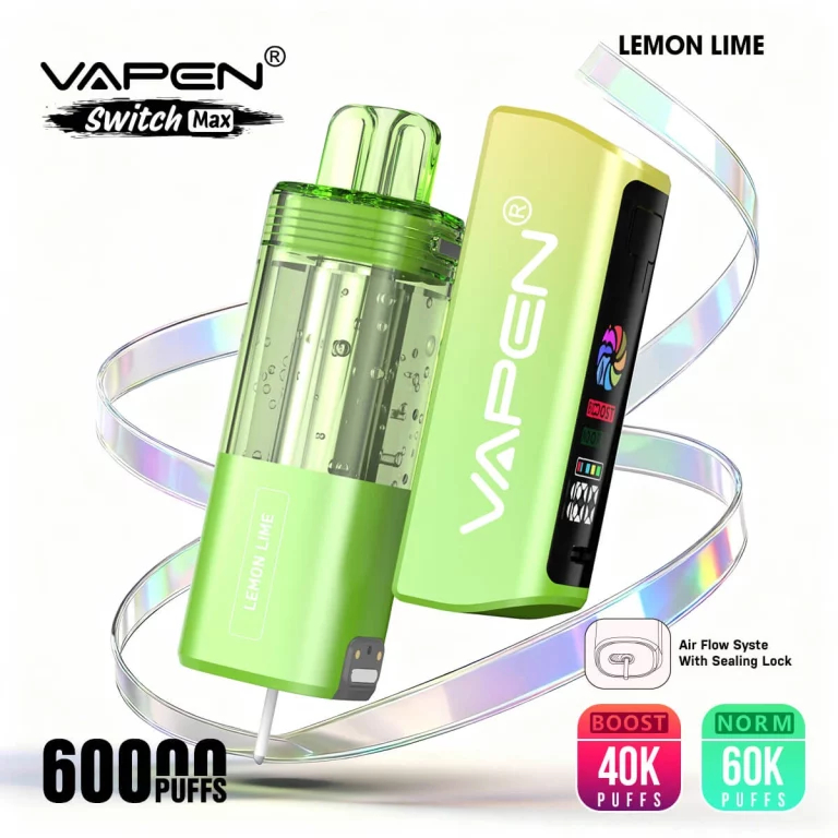vapen-switch-max-60k-disposable-vape-60000-puffs-mesh-coil-bottom-airflow-leakproof-magnetic-pod-norm-boost-mode-typec-charging-premium-design-lemon-lime