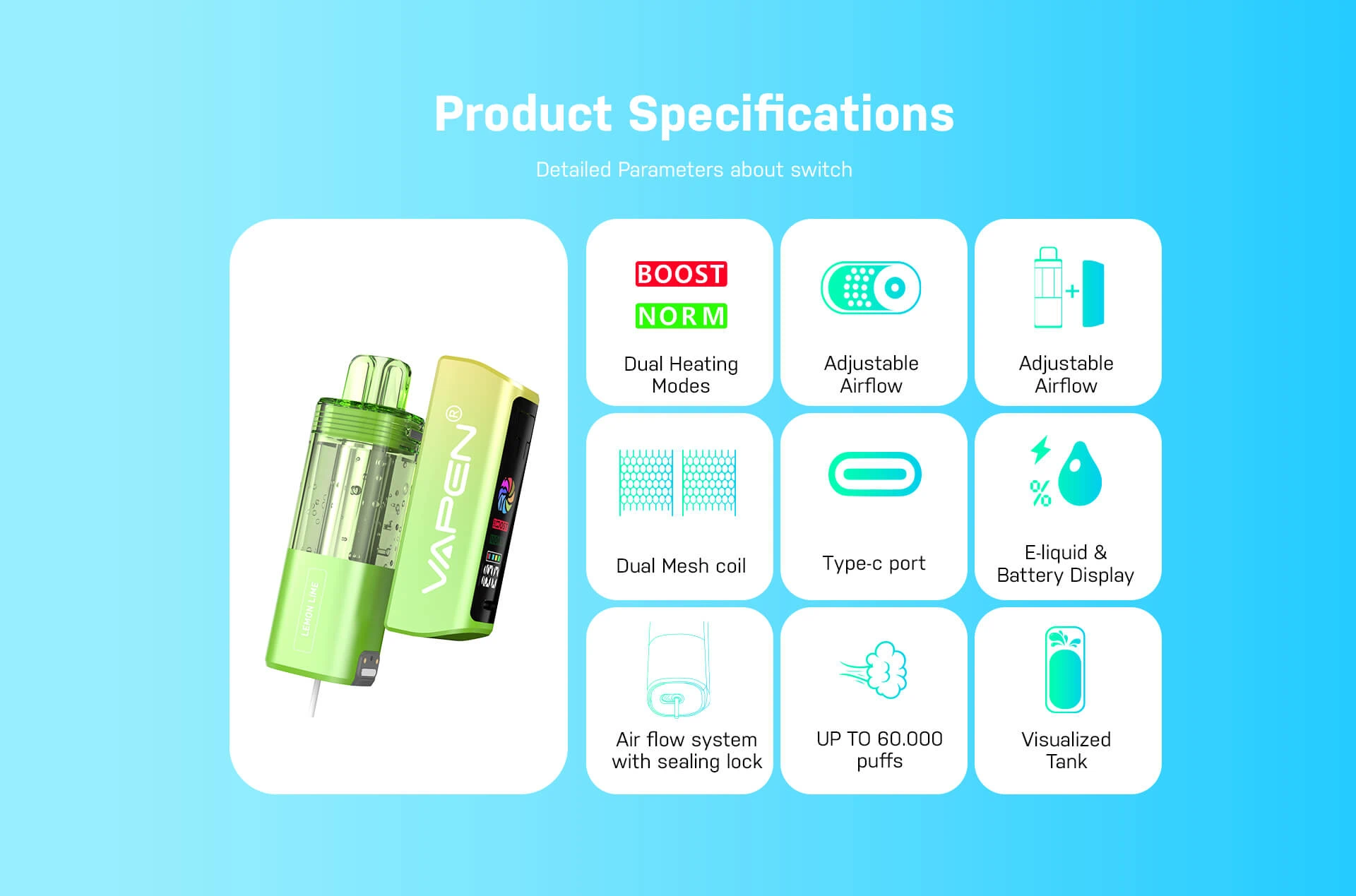 VAPEN SWITCH MAX 60K disposable vape main features including 60,000 puffs, dual mesh coil, leak-proof system, and Type-C charging