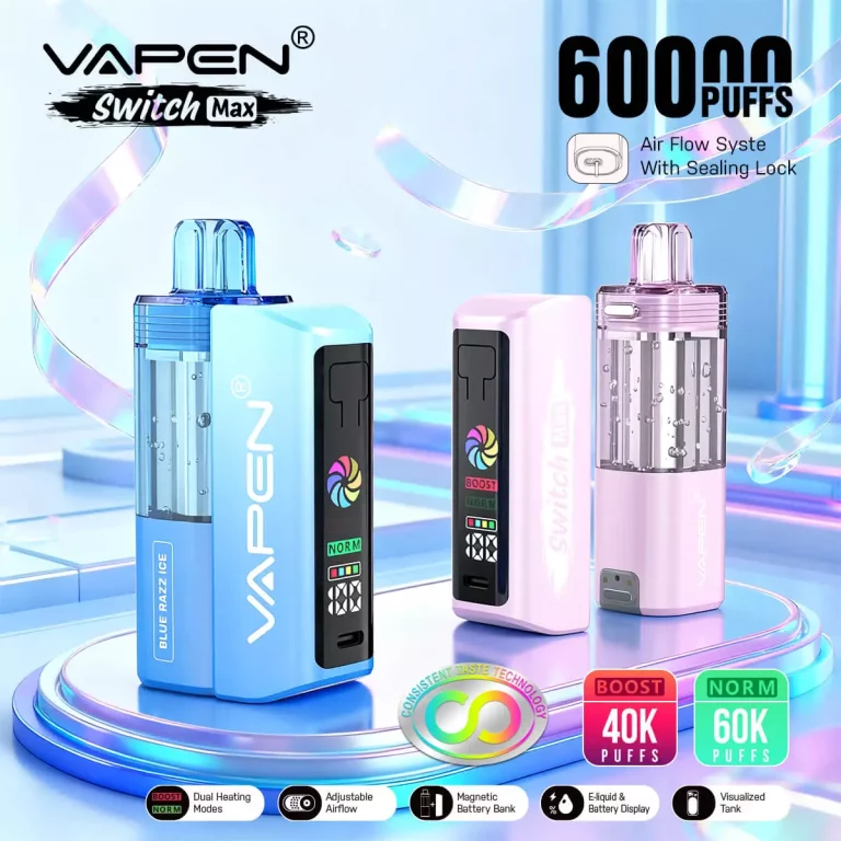 VAPEN SWITCH MAX 60K disposable vape Strawberry Cupcake flavor with 60000 puffs, dual NORM and BOOST modes, transparent mega pod tank, dual mesh coil, leak-proof airflow, magnetic pod system, smart display and Type-C charging in 2025