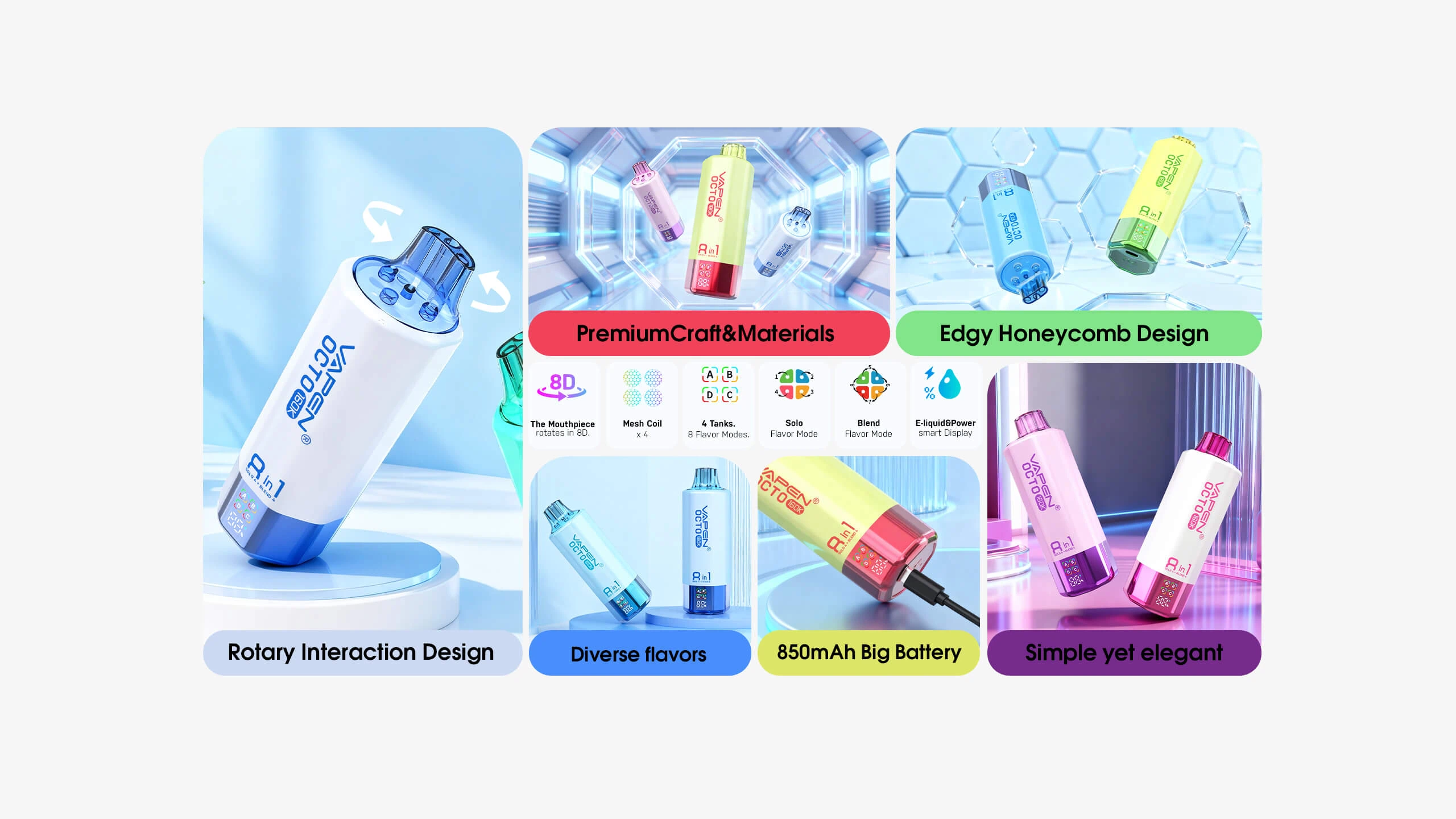 VAPEN OCTO 160K features overview including four tanks, eight flavor modes, 850mAh battery and quad mesh coils