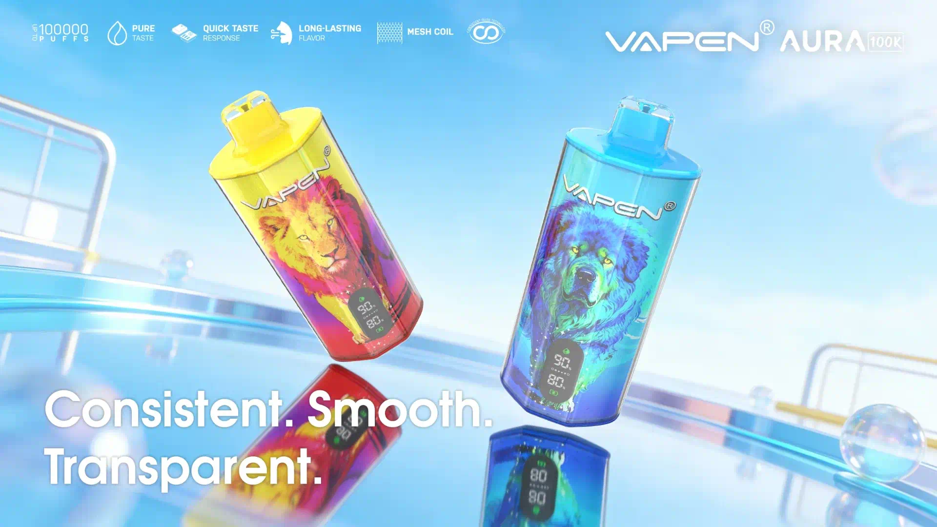 VAPEN AURA 100K disposable vape with Taste Consistent Technology, adjustable airflow, 1.0Ω mesh coil, Type‑C rechargeable 650mAh battery, and smart e‑liquid & power display — consistent, smooth, transparent.
