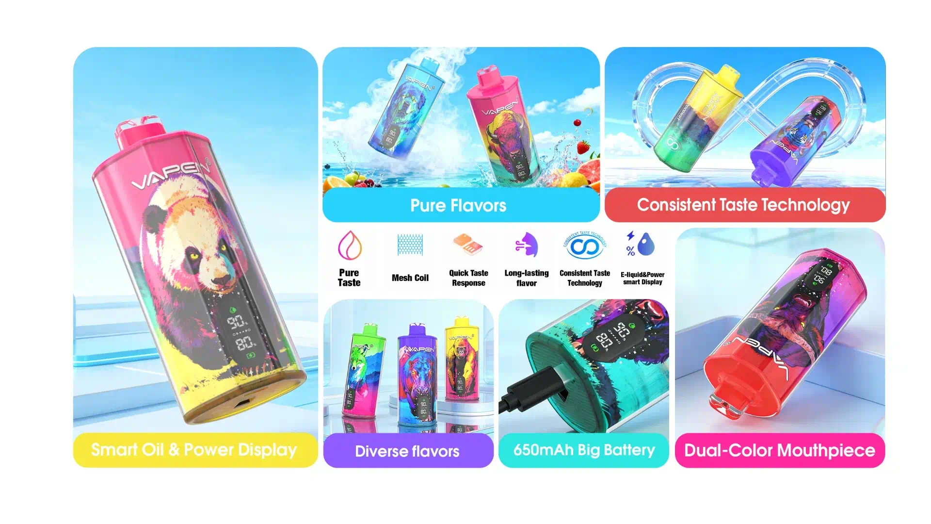 VAPEN AURA 100K disposable vape highlights smart oil & power display, diverse flavors, dual-color mouthpiece, pure flavors, and Taste Consistent Technology for long-lasting consistent taste.