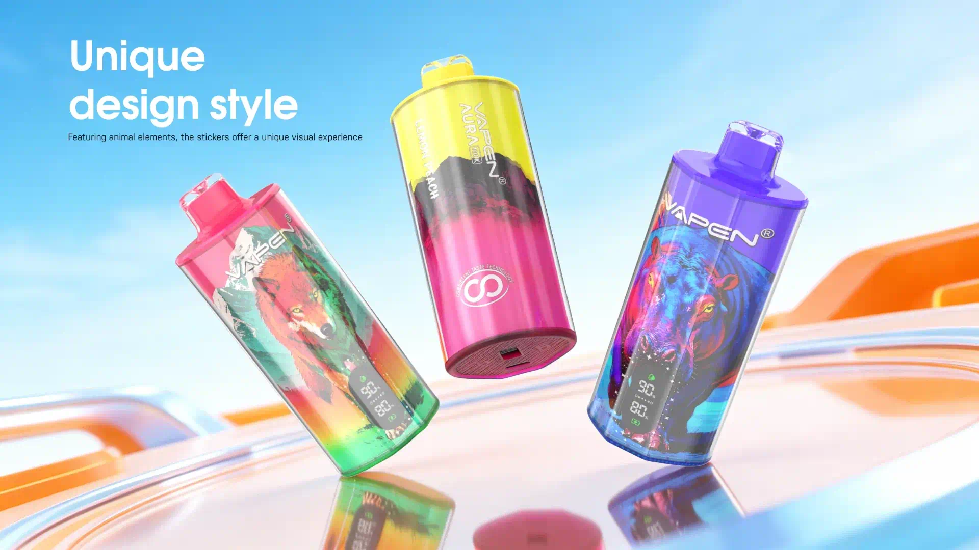 VAPEN AURA 100K disposable vape unique design style with animal elements and bold animal stickers on a crystal-style transparent body.