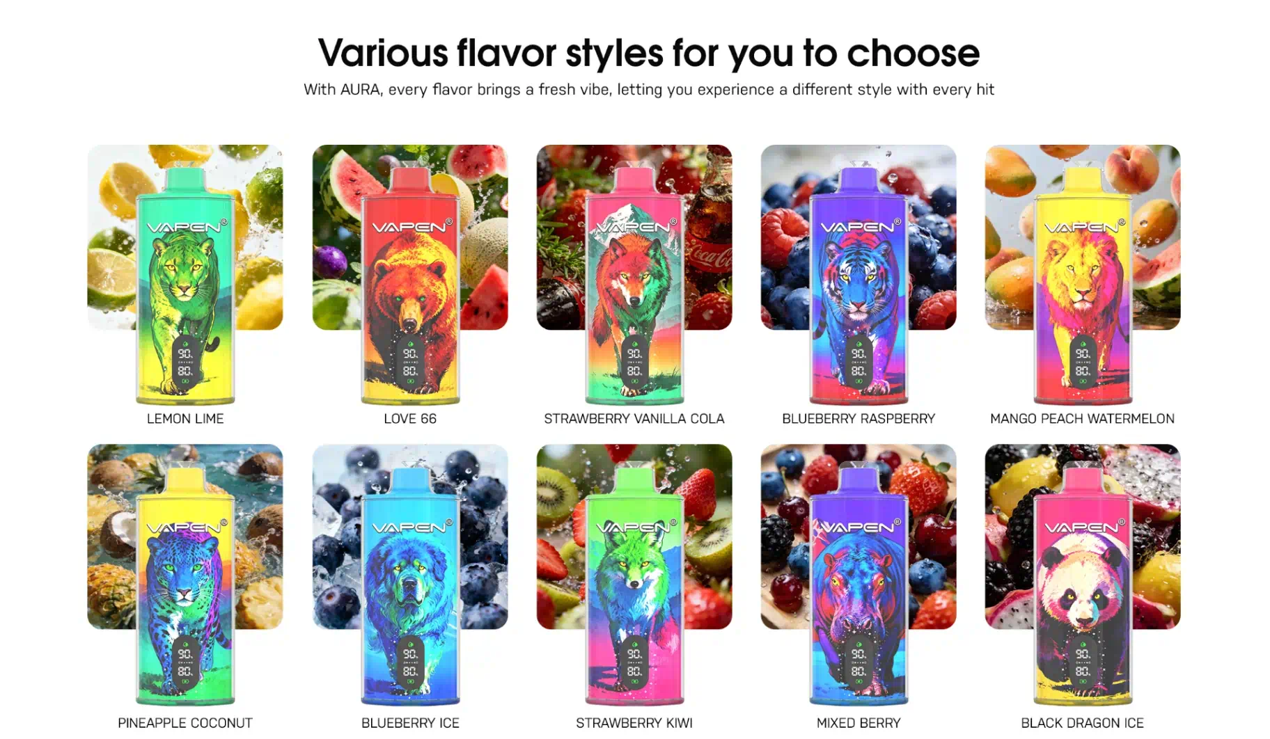 VAPEN AURA 100K disposable vape offers various flavor styles—every flavor brings a fresh vibe with a different experience every hit.