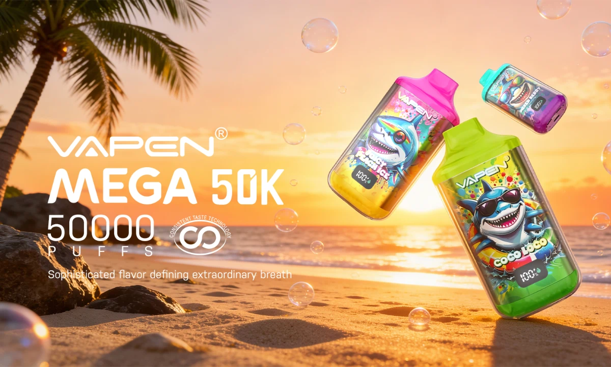 VAPEN MEGA 50K — 50K Puffs · Taste Consistent Tech · 16ms Response · Transparent Design